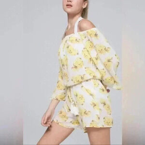 White House Black Market Pineapple print romper L Off Shoulder tie belt tassels